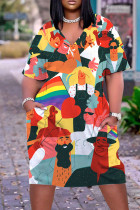 Donkergroene casual street print patchwork jurk met V-hals en print