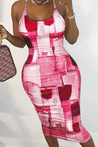 Pale Red Sexy Print Patchwork Backless Spaghetti Strap Pencil Skirt Dresses