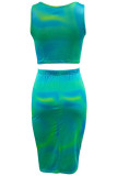 Ljusgrön Sexig Casual Blommig Tie-dye V-hals omslagen kjol Plus Size Två delar