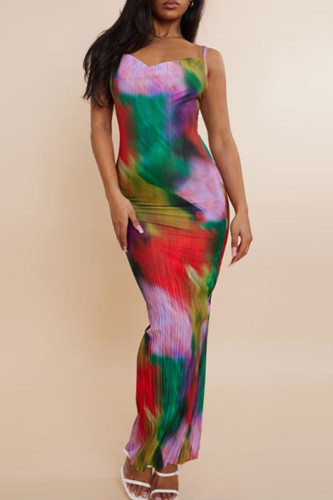 Red Sexy Print Patchwork Fold Spaghetti Strap Pencil Skirt Dresses