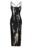 Black Sexy Casual Print Spaghetti Strap Wrapped Skirt Plus Size Dresses