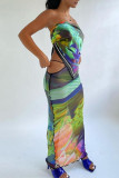Colour Sexy Print Bandage Patchwork See-through Backless Asymmetrical Strapless Sleeveless Two Pieces