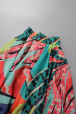 Roze sexy print patchwork asymmetrische O-hals tops