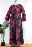 Roze casual print bedrukking Draderige zelfkant O-hals bedrukte jurk Grote maten jurken