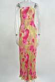 ピンクのセクシーなプリント パッチワーク フォールド ストラップレス ペンシル スカート ドレス
