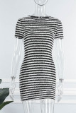 Black Casual Striped Patchwork O Neck Short Sleeve Dress