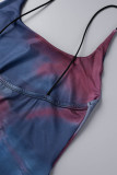 Bleu Sexy Casual Imprimer Tie Dye Dos Nu Slit Spaghetti Strap Robe Longue Robes