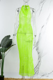 Fluorescent Green Sexy Solid Hollowed Out See-through Backless Halter Long Dress Dresses