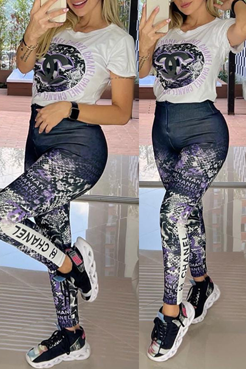 

Black Casual Sportswear Print Letter O Neck Short Sleeve Two Pieces