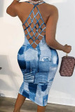 Baby Blue Sexy Print Patchwork Backless Spaghetti Strap Pencil Skirt Dresses