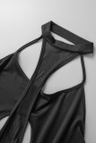 Zwarte sexy patchwork effen bandage uitgehold doorzichtige backless halter magere jumpsuits