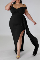 Negro sexy elegante sólido patchwork volante hendidura correa de espagueti vestido irregular vestidos de talla grande