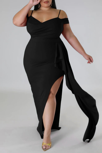 Black Sexy Elegant Solid Patchwork Flounce Slit Spaghetti Strap Irregular Dress Plus Size Dresses