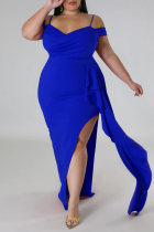 Azul sexy elegante sólido patchwork volante hendidura correa de espagueti vestido irregular vestidos de talla grande