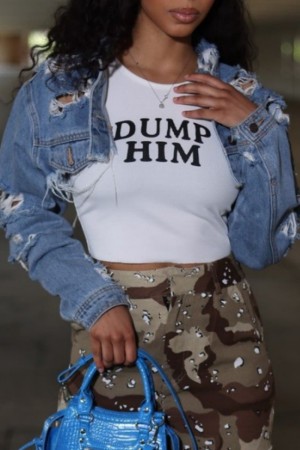 Light Blue Casual Solid Patchwork Turndown Collar Long Sleeve Regular Distressed Ripped Cropped Denim Jacket