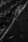 Black Casual Patchwork Tassel Sequins V Neck Long Sleeve Dresses