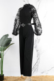 Schwarzer, eleganter, fester Patchwork-Overall mit halbem Rollkragen und geradem Schnitt