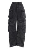 Grey Casual Solid Patchwork High Waist Regular Wide Leg Cargo Denim Jeans