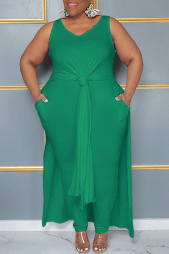 Green Casual Solid Patchwork Slit V Neck Plus Size Two Pieces