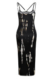 Black Sexy Casual Print Spaghetti Strap Wrapped Skirt Plus Size Dresses