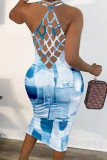 Baby Blue Sexy Print Patchwork Backless Spaghetti Strap Pencil Skirt Dresses