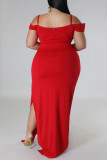 Vermelho Sexy Elegante Sólido Patchwork Folho com Fenda Alça Espaguete Vestido Irregular Vestidos Tamanho Grande