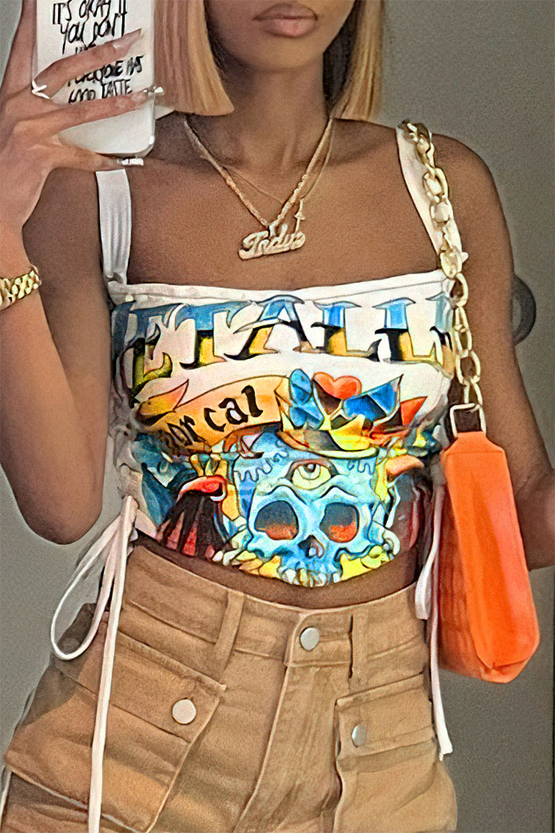 Milky Casual Street Cartoon Print Backless Strap Design Spaghetti Strap High Waist Tops