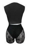 Black Sexy Street Letter Lace Frenulum O Neck Plus Size Two Pieces(Without Necklace)