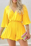 Yellow Casual Solid Patchwork Pleated V Neck Regular Rompers