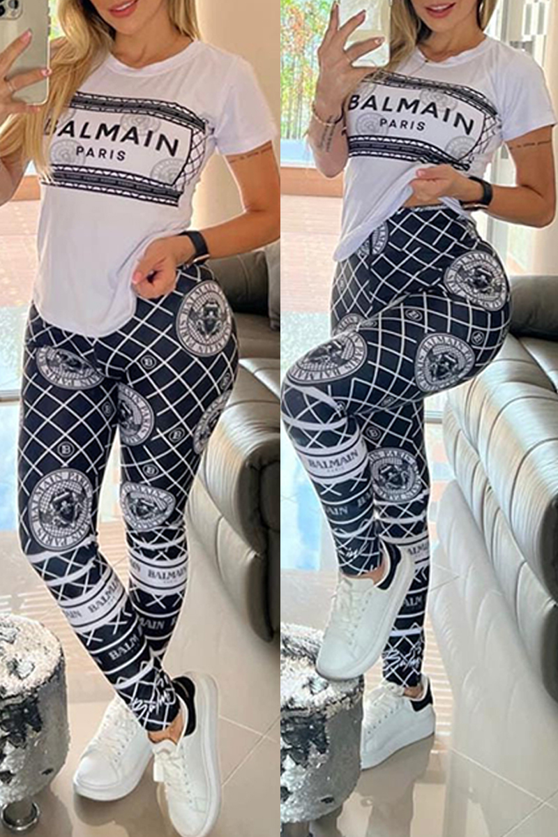 

Black Casual Print Letter O Neck Short Sleeve Two Pieces