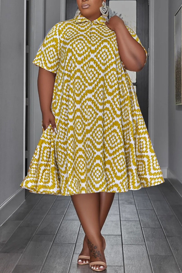 Gele casual print patchwork turndown kraag recht grote maten jurken