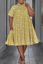 Yellow Casual Print Patchwork Turndown Collar Straight Plus Size Dresses