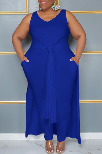 Blue Casual Solid Patchwork Slit V Neck Plus Size Two Pieces