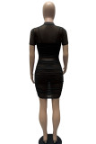 Black Sexy Solid Patchwork See-through Fold O Neck Pencil Skirt Dresses(Three Pieces)