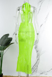 Fluorescent Green Sexy Solid Hollowed Out See-through Backless Halter Long Dress Dresses