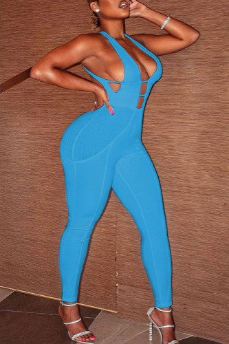 Blaue, sexy, einfarbige, ausgehöhlte, rückenfreie Skinny-Jumpsuits mit Spaghettiträgern