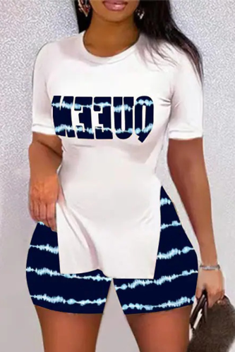 Dark Blue White Casual Sportswear Letter Leopard Lips Printed Camouflage Print Slit O Neck Plus Size Two Pieces