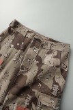 Caqui Casual Street Print Patchwork Botones Hendidura Cintura alta Tipo A Pantalones de impresión completa