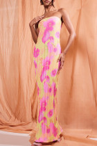 Roze sexy print patchwork gevouwen strapless kokerrokjurken