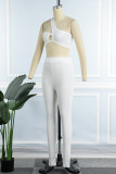 White Sexy Casual Solid Backless Vests Pants Oblique Collar Sleeveless Two Pieces