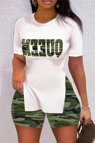Camouflage Casual Sportswear Letter Leopard Lips Printed Camouflage Print Slit O Neck Plus Size Two Pieces