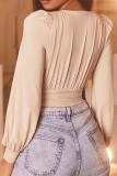 Blusas de damasco sexy casuais de cintura média com decote em V