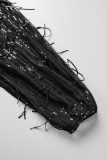 Zwart Casual Patchwork Kwastjes Pailletten V-hals Jurken met lange mouwen