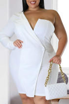 ホワイトカジュアルエレガントソリッドパッチワークVネックラップスカートプラスサイズドレス