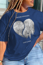 Marineblaue, lässige, tägliche Print-Patchwork-T-Shirts mit O-Ausschnitt