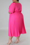 Blue Casual Solid Patchwork Fold V Neck Straight Plus Size Dresses