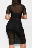 Vestidos de falda de lápiz con cuello en O y pliegues transparentes de patchwork sólido sexy negro (tres piezas)