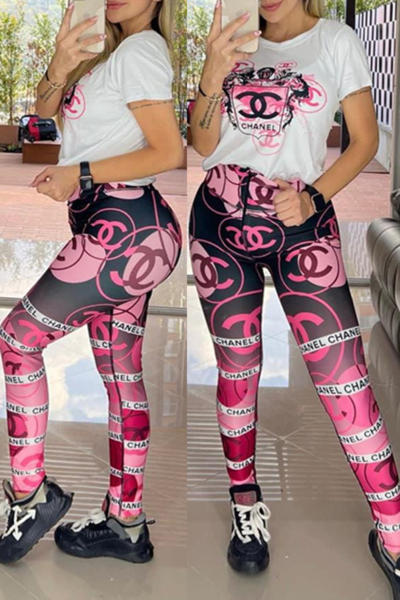 

Red Casual Sportswear Print Letter O Neck Short Sleeve Two Pieces