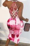 Bleke rode sexy print patchwork backless spaghetti band kokerrok jurken