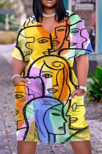 Light Yellow Casual Print Patchwork V Neck Short Sleeve Dress